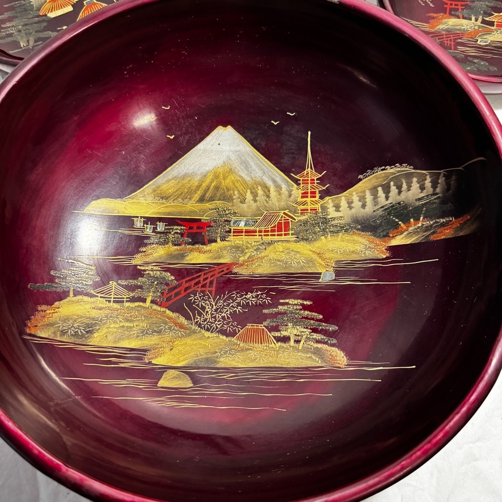 Japanese Lacquered‎ Salad Bowl Set of 7 Vintage Red